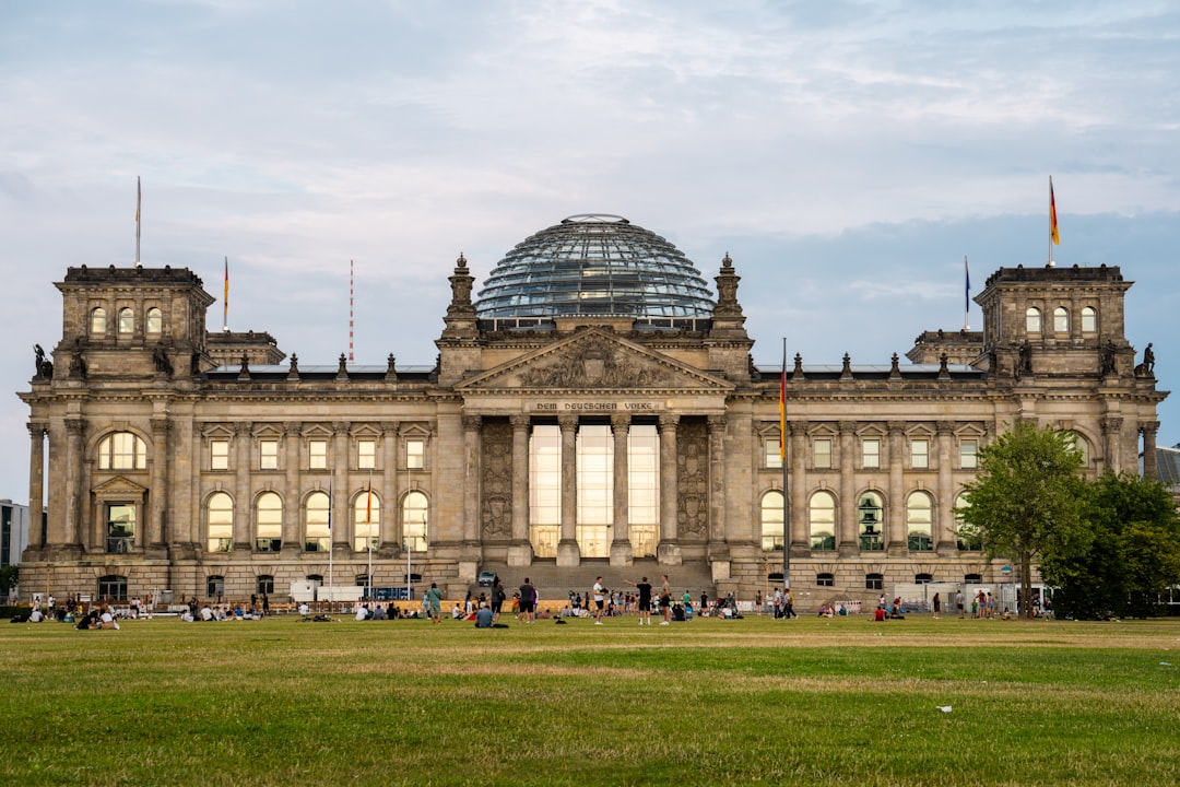 The historic Reichstag building, which houses the German parliament, as seen from the Platz der Republik (Republic Square) in front of the building.