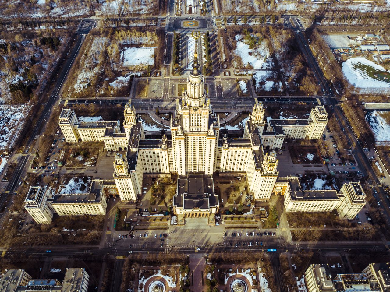Stunning aerial image capturing the iconic Moscow State University in winter.